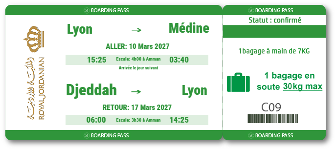 Billet Royal Jordanian Lyon Médine du 10 au 17 mars 2027