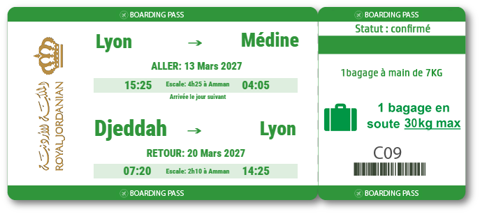 Billet Royal Jordanian Lyon Médine du 13 au 20 mars 2027