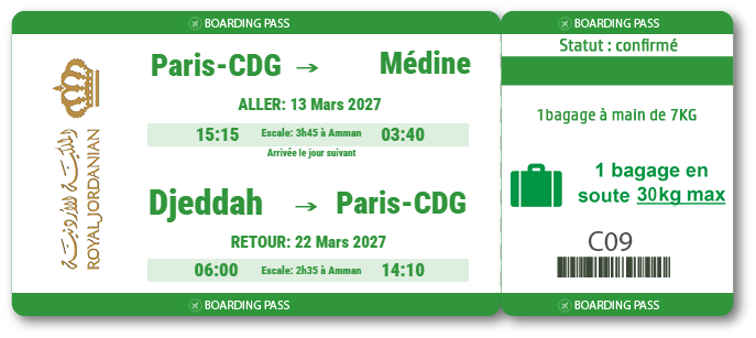 Billet de vol Paris Médine du 13 au 22 mars 2027