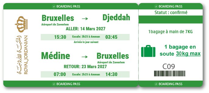Billet de vol Bruxelles Médine du 14 au 23 mars 2027