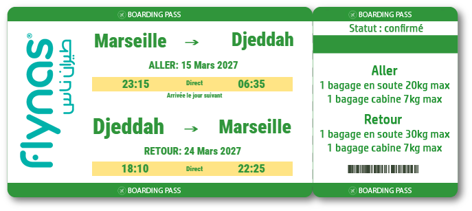 Billet de vol Marseille Djeddah du 15 au 24 mars 2027