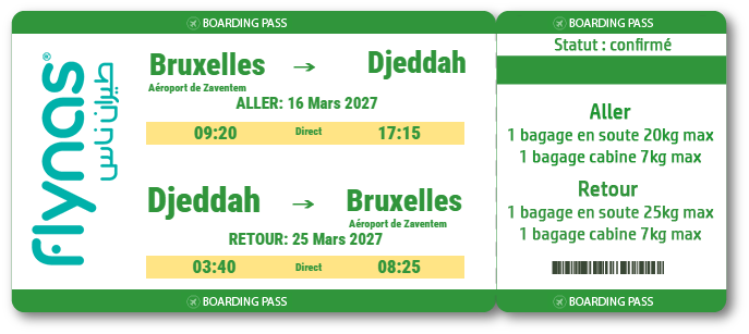 Billet de vol Bruxelles Djeddah du 16 au 25 mars 2027